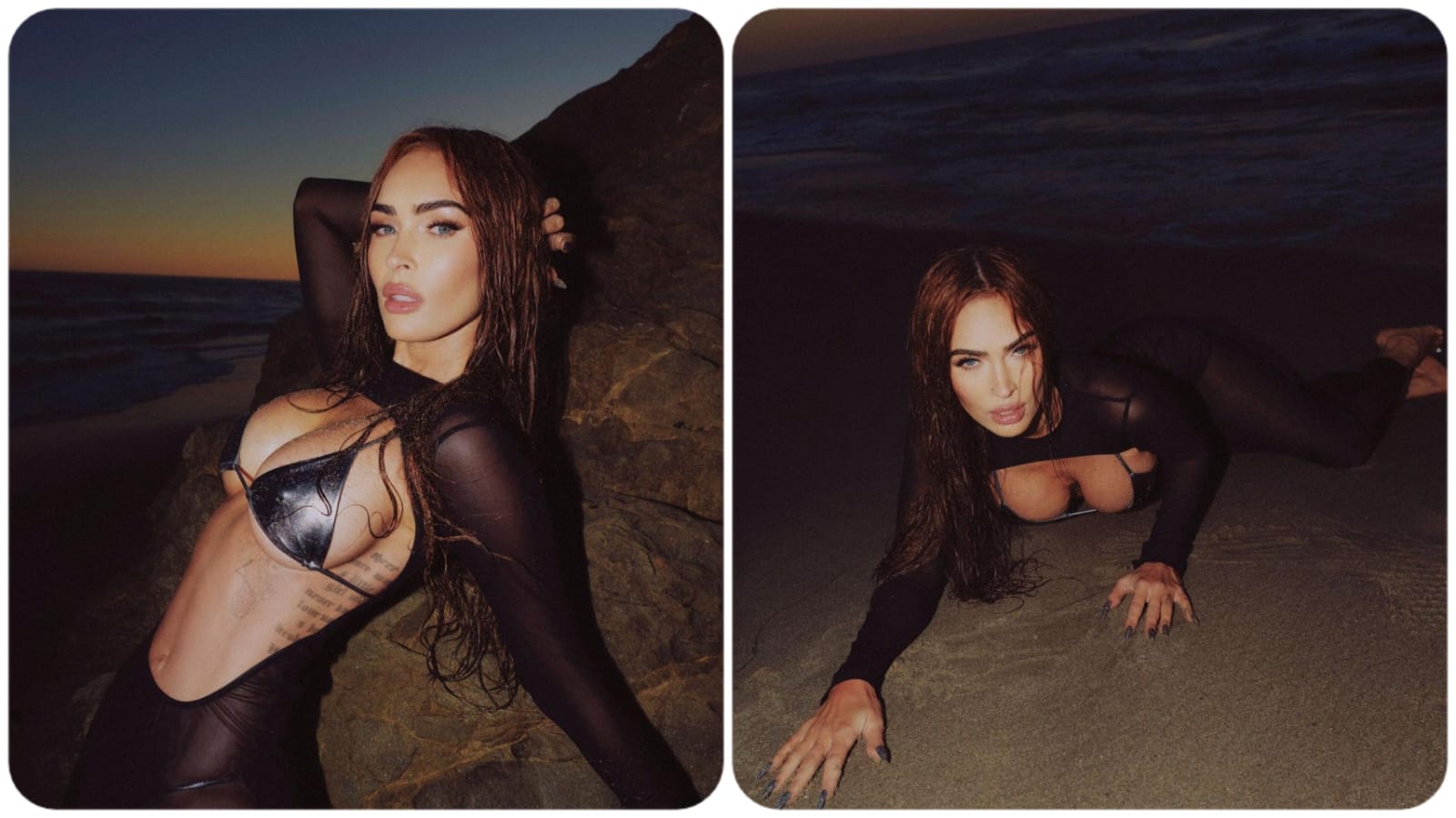 Seductive Megan Fox poses on the beach laying on the sand