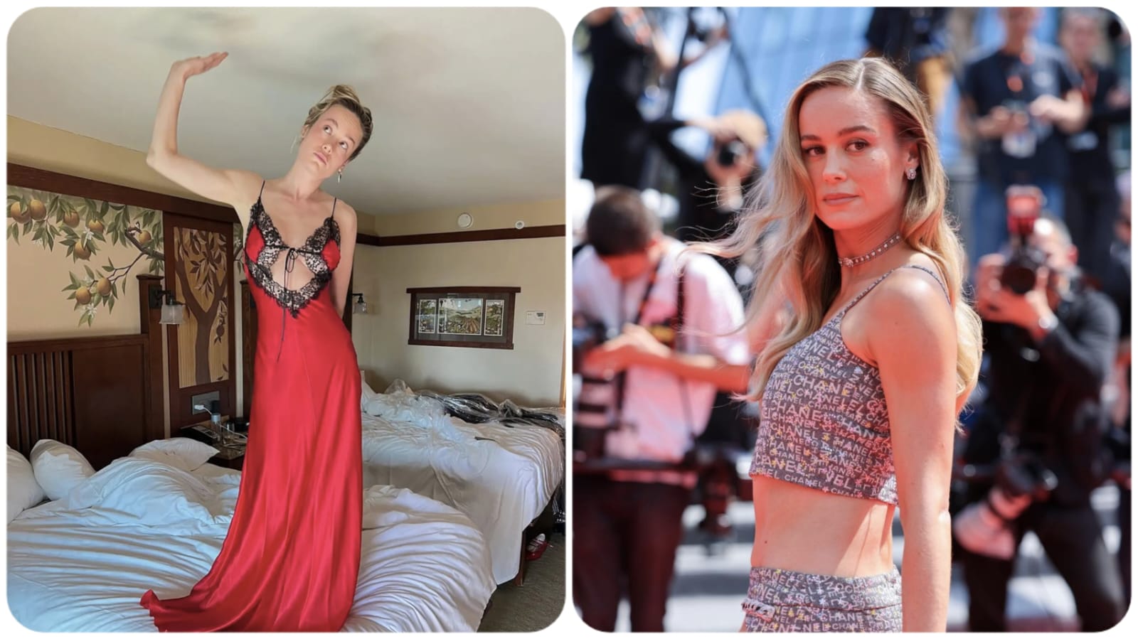 Brie Larson all red and black in new lacy lingerie-inspired cutout gown